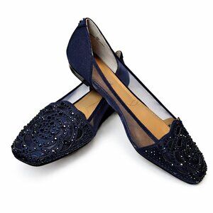 J. Renee Women's Pariella Navy Mesh Rhinestone Square Toe Flats, NWB, 9M